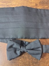 Silk Cumberbund  Bow Tie Set Black With White Dots