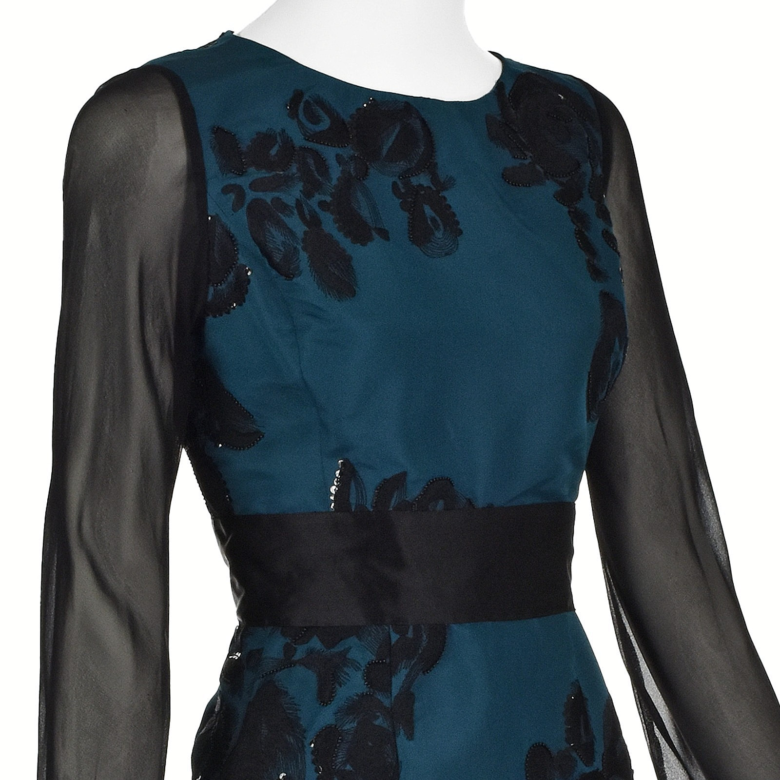 OSCAR DE LA RENTA Teal Silk Embroidered Dress w/Sheer Chiffon Sleeves F2012 SZ 8