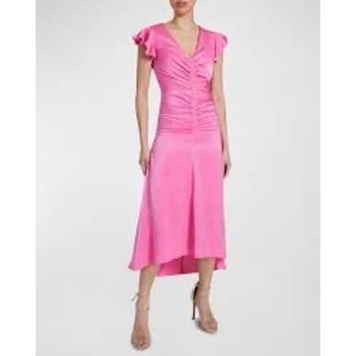 SANTORELLI Italian Pink Bubble Gum Ruched Satin Flutter Sleeve Midi Dress Size 6