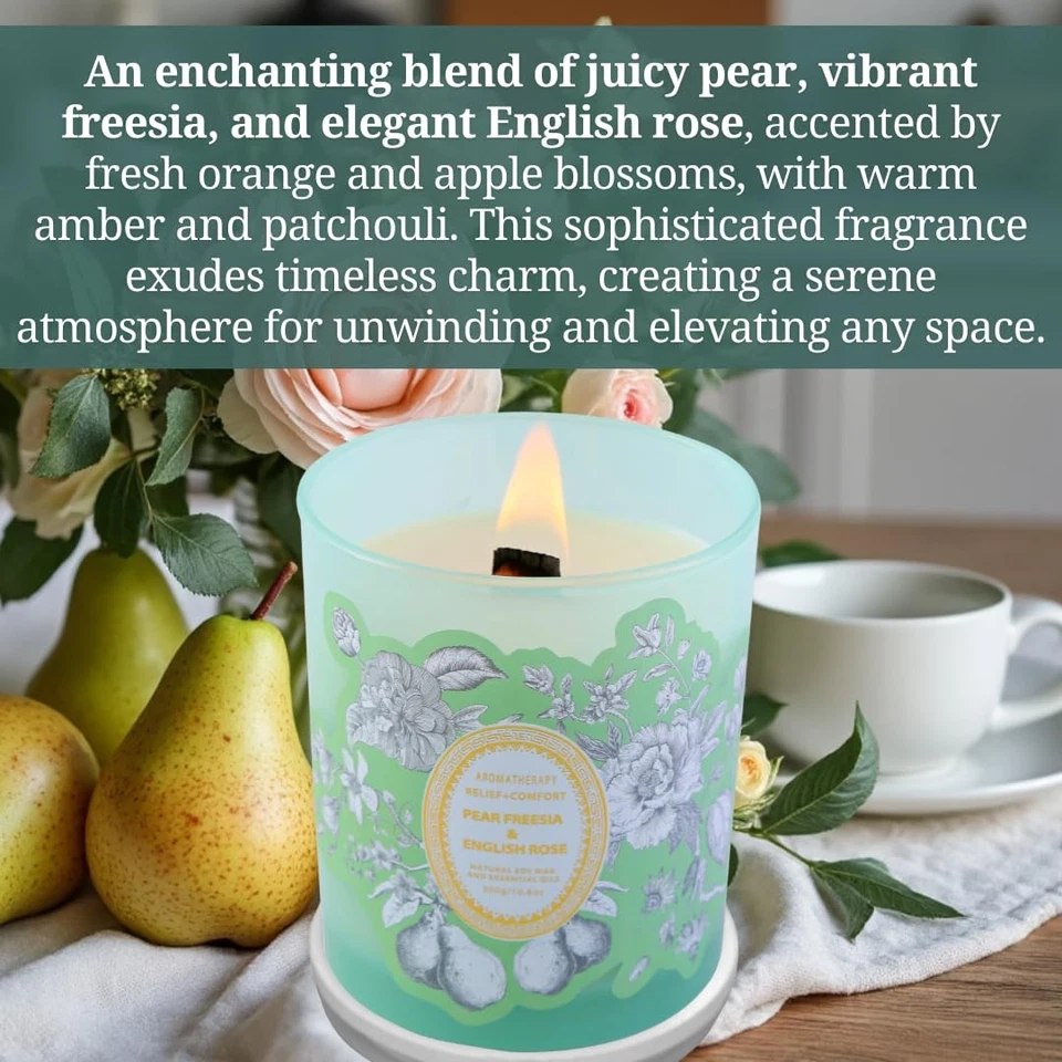 Pear Freesia & English Rose Wood Wick Soy Scented Candle | Aromatherapy Stres... - Image 2 of 4