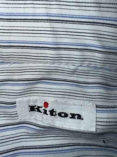 Kiton Dress Shirt Mens 17.5/44 Blue Made In Italy 100% Cotton Adult White Stripe - Picture 6 of 10