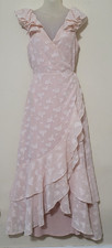If By Sea Wrap Maxi Dress Size S Pink Asymmetrical Hem Ruffle Flutter Sleeve