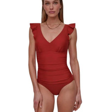 DKNY Women's Ruffle Plunge Underwire Tummy Control One-Piece Swimsuit Large