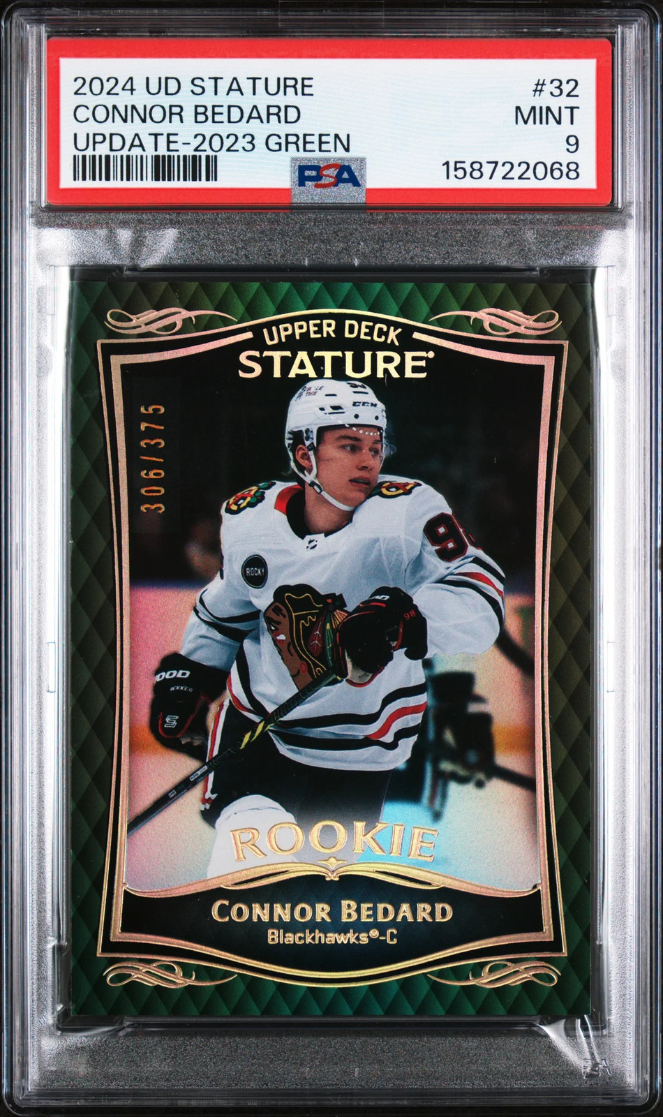 2024 Upper Deck Stature Update Connor Bedard #32 2023 Green /375 PSA 9