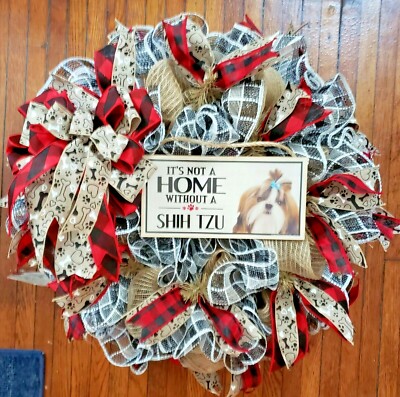SHIH TZU Deco Mesh Door Wreath with Wooden Sign