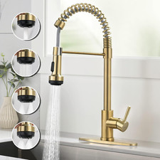 Kitchen Faucet with 4 Mode Pull down Sprayer Brushed Gold, Spring Kitchen Sink F