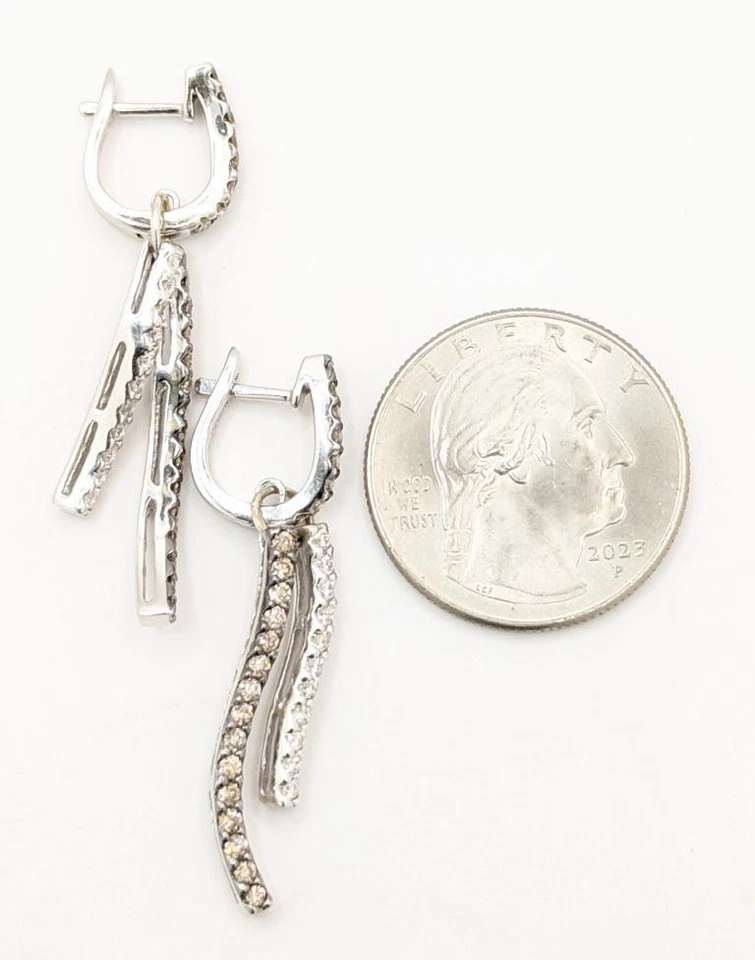 14K белое золото 6,3 г шампанского бриллиант падение подвеской кисточки бар крошечные серьги-кольца - Изображение 2 из 4