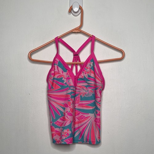 Zeroposur Tankini Bikini Top Girls Size 14 Neon Pink Floral Strappy Swim Wear