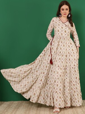 Indian Women Off White Cotton Printed Anarkali Flared Kurta Kurti Long Dress  | eBay