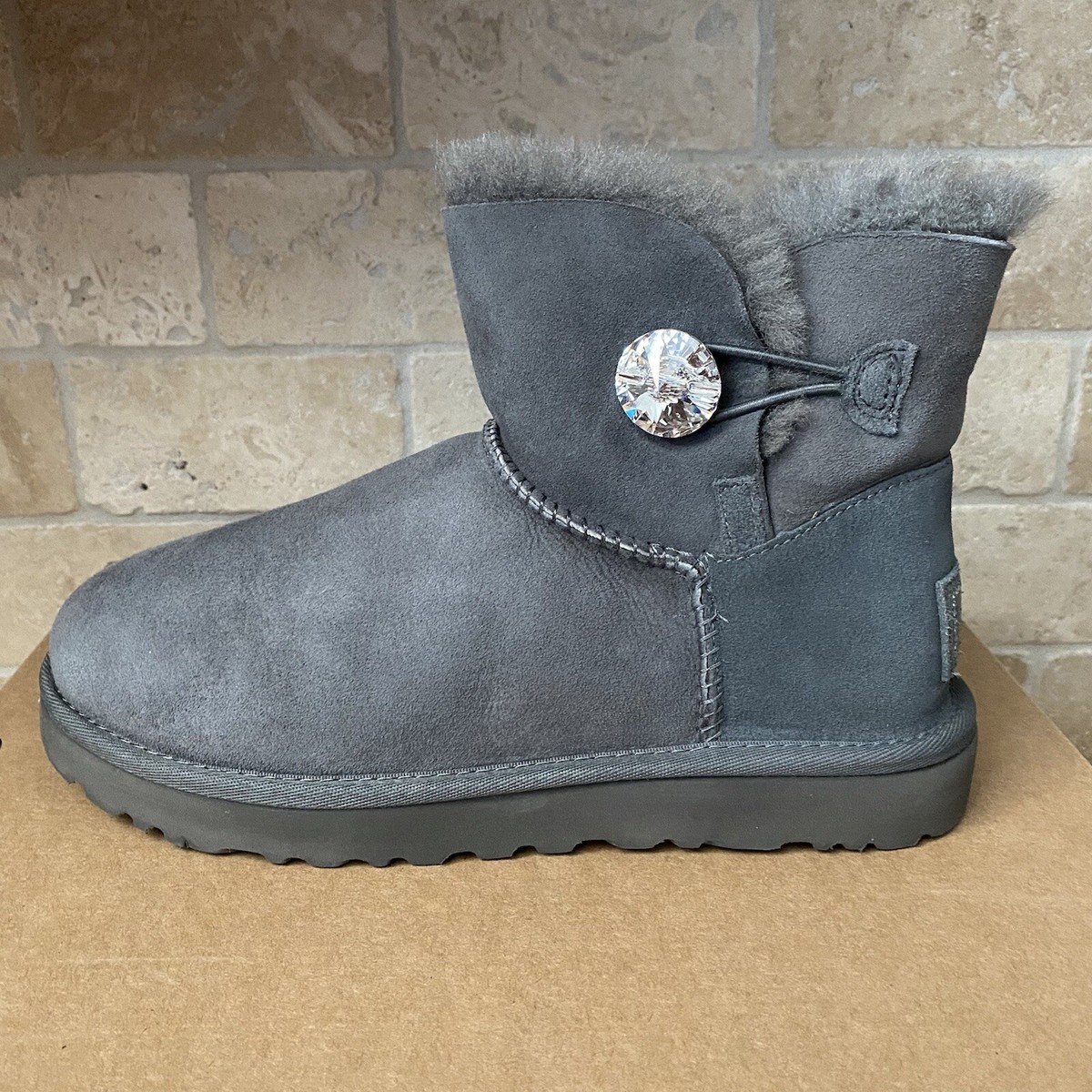 UGG Classic Mini Bailey Button Bling Gray Grey Suede Ankle Boots