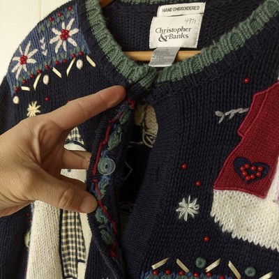 VINTAGE hand embroidered knit cardigan snowman winter ugly