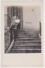 The Lady At The Top Of The Stairs Young Elegant Woman Vintage Snapshot Photo