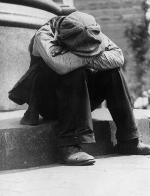 Man Down On His Luck Sits On The Curb Historic Old Photo