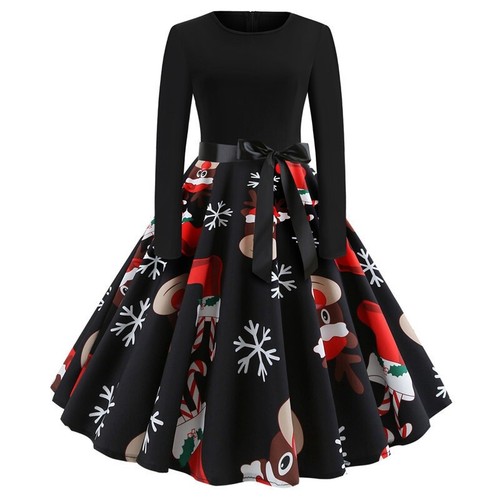 Women Christmas Theme Swing Dress Long Sleeve Skater Dress Rockabilly Party - Picture 11 of 13