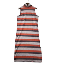 LOFT Womens Maxi Dress Medium Orange Turtleneck Sleeveless Striped Mock Stretch