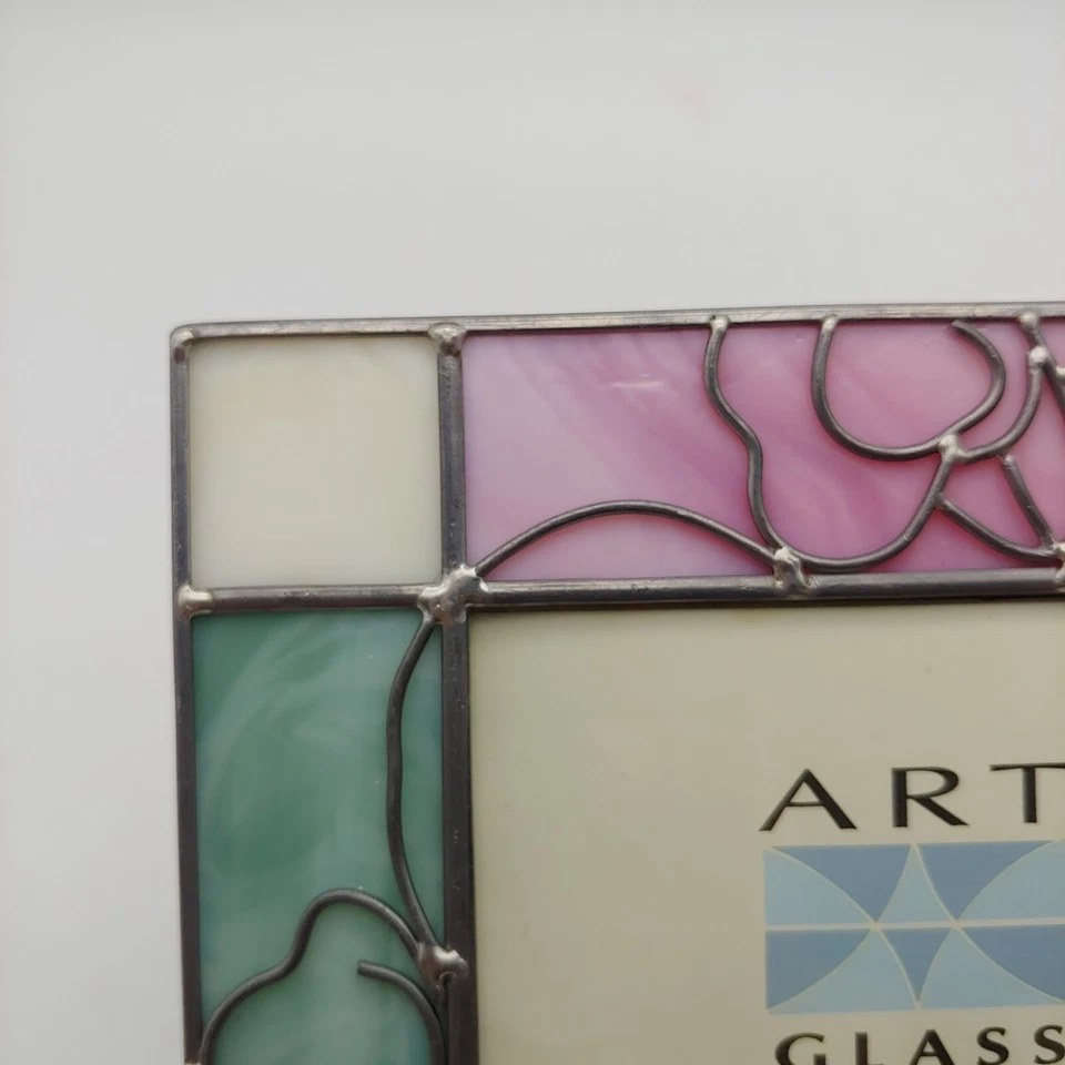 Leaded Stained Glass Picture Frame - 3.5" Pastel Green Pink Floral Rose Flowers - Image 2 of 4
