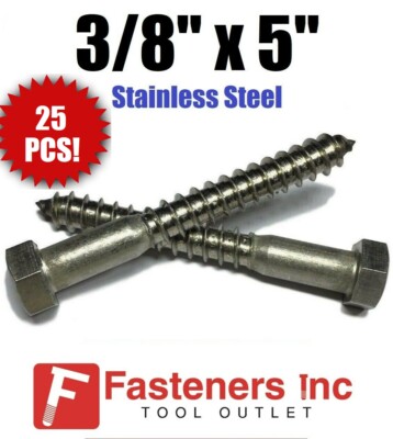 (Qty 25) 3/8'' x 5'' Lag Screws / Bolt Hex Head Stainless Steel 18-8 / 304
