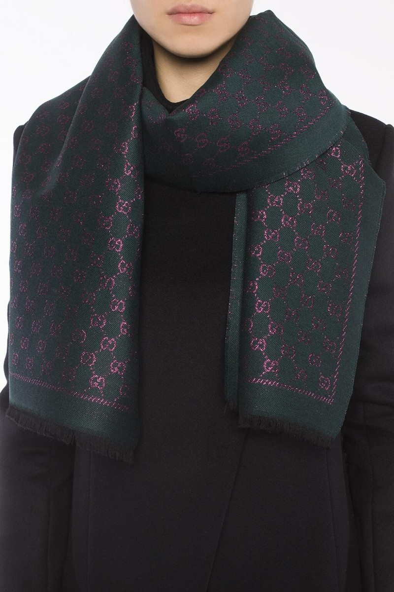Gucci Logo Pattern Scarf Dark Green Pink Fringe Edge 479763 | eBay