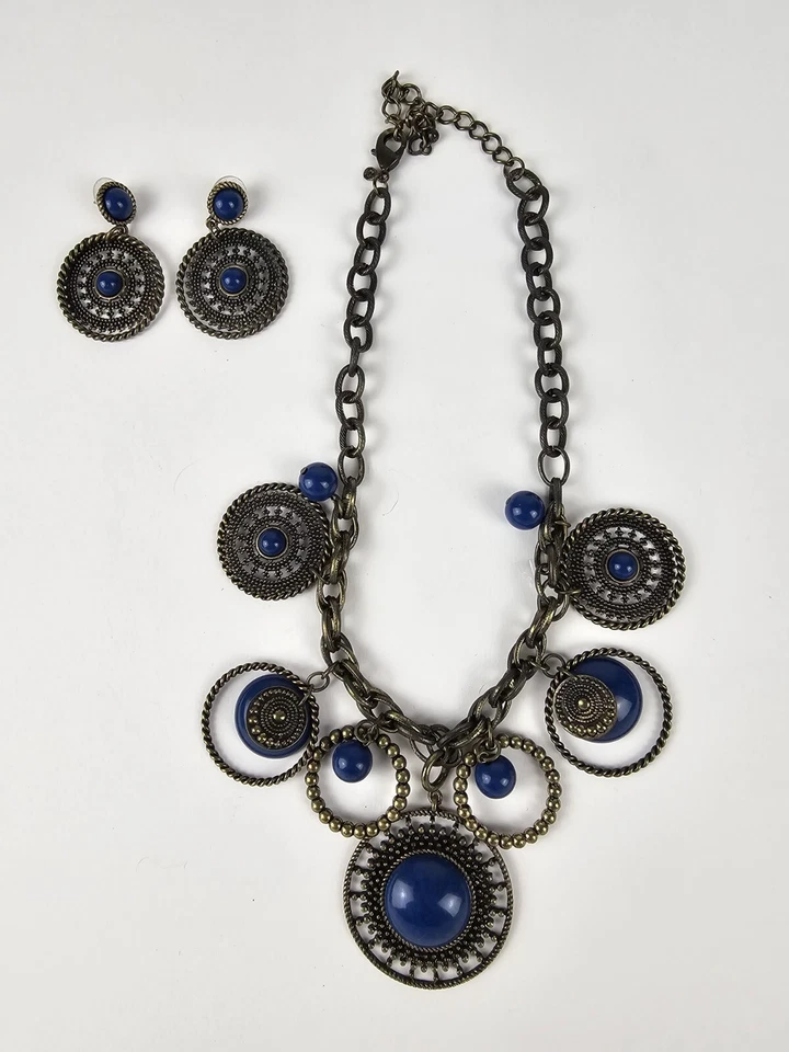 Pendientes Collar Hippie Premier Designs Azul Índigo Latón Antiguo Grueso Dije Foto 3 de 4