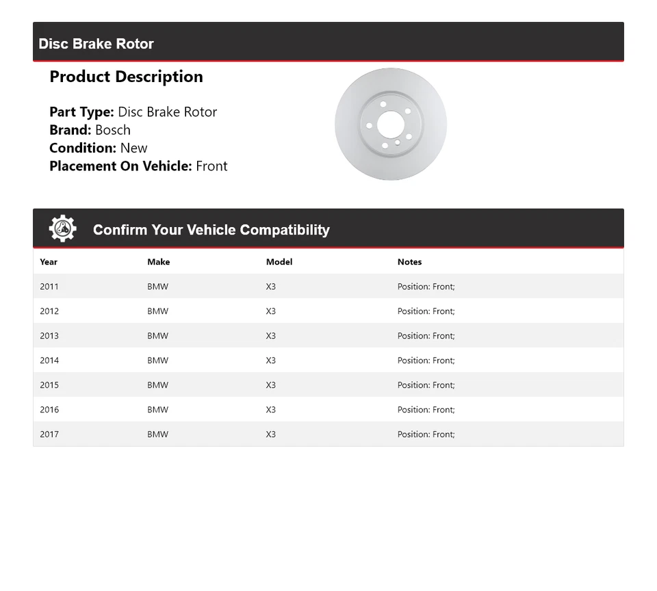 Rotor de freno de disco delantero QuietCast Bosch 2011-2017 BMW X3 2012 2013 2014 2015 Foto 2 de 4