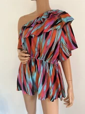 savanna jane top 1X Multiple Color Abstract Art One Ruffle Shoulder