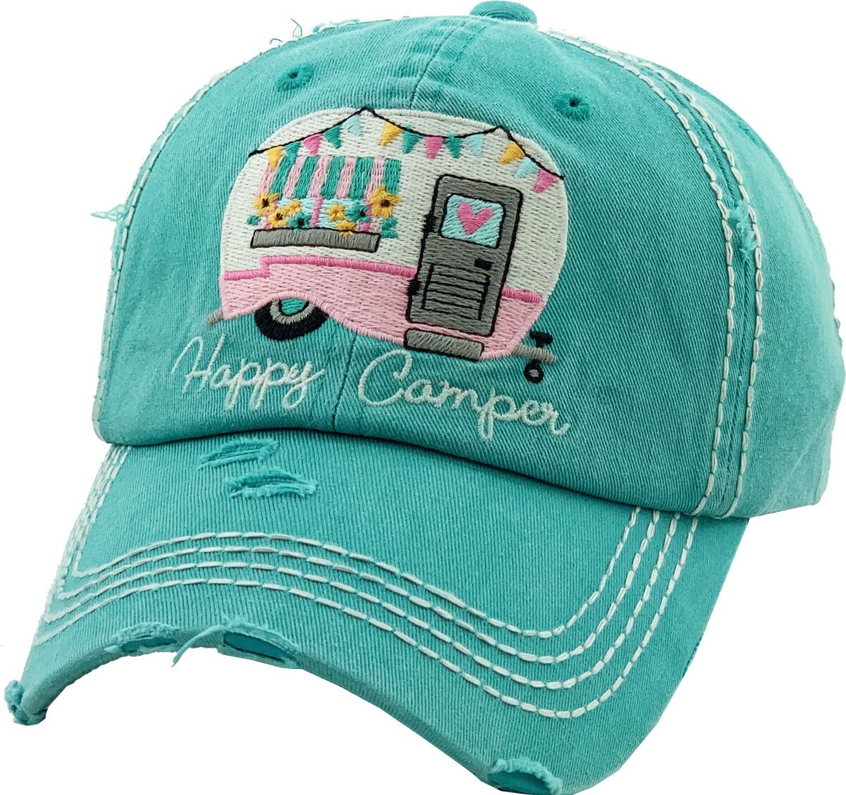Gorra de béisbol Happy Camper vintage envejecida ajustable turquesa para mujer