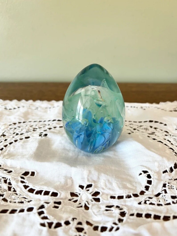 Blue and Green Glass Paperweight, Signed eBay
