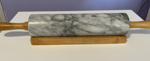Vintage Gray White Marble Rolling Pin 18" overall Wood Handles & Rest - Bild 4 von 13