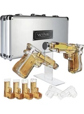 Pistol Whiskey Decanter Set & 6 Pistol Glasses, Locking Carrying Case Included 