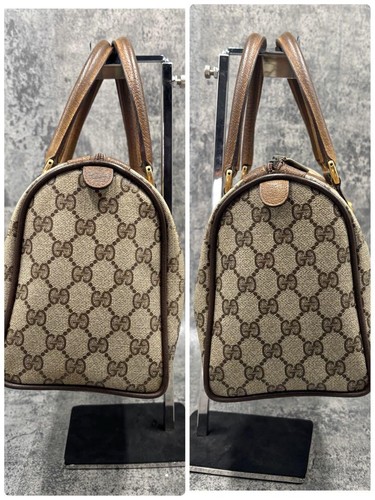 GUCCI GG Sherry Line Boston Bag Hand Leather PVC Brown Beige Logo Gold Hardware - Picture 18 of 24