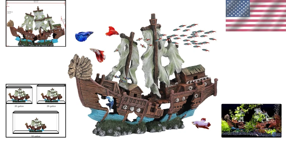 Decoración de acuario de barco hundido grande - tema pirata pintado a mano para tanques de 20 galones Foto 2 de 4