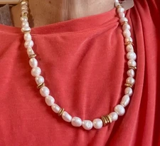 Genuine Freshwater Pearl Necklace  Goldtone Spacers Artisan Crafted Toggle Clasp