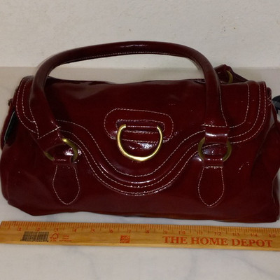 Sofia Burgundy Patent Satchel Top Handle Bag Zip Closure Gold Hardware Large