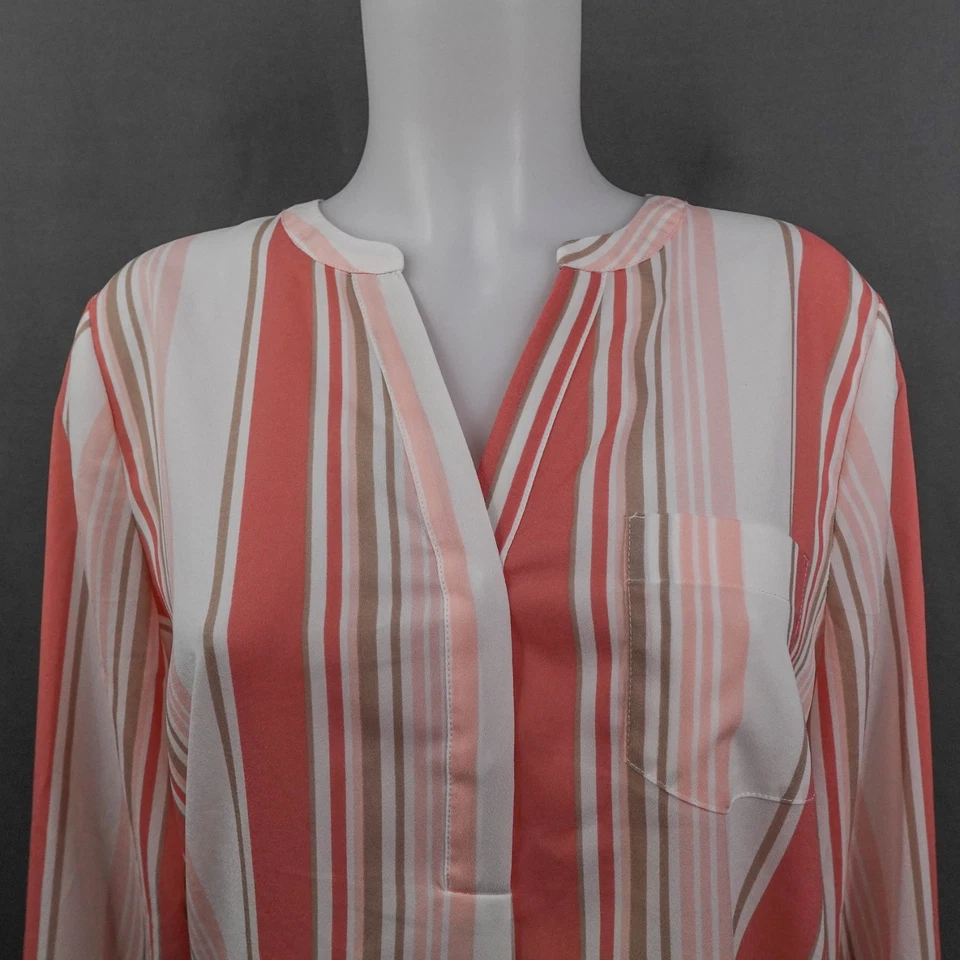 Bass Womens Top Medium Terracotta Stripe Sheer Flowy Secretary Timeless Corpcore - Image 2 of 4