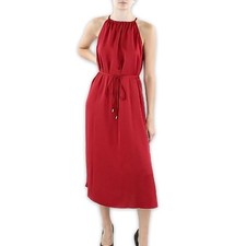 INC Midi Dress Satin Crepe Halter Neckline Keyhole Belted Side Slit Red W 4 NWT