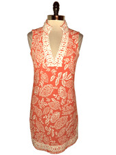 EILIZA J SIze 8 Shift Dress Orange White Leaves Sleeveless Stretch Knit