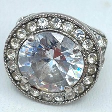 Vintage Silver Tone Round Faceted Glass Rhinestone Center Embellished Halo Ring