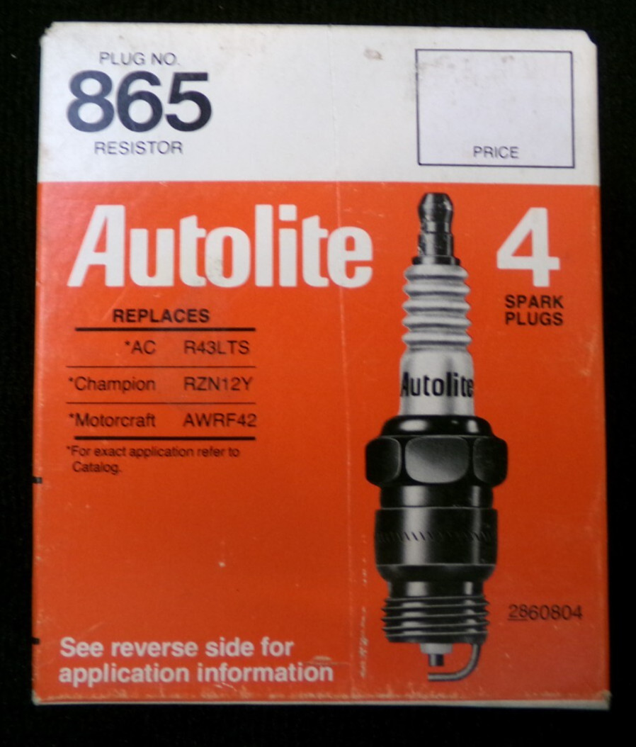 NOS BOX OF 4 #865 AUTOLITE SPARK PLUGS, R43LTS, RZN12Y, AWRF42