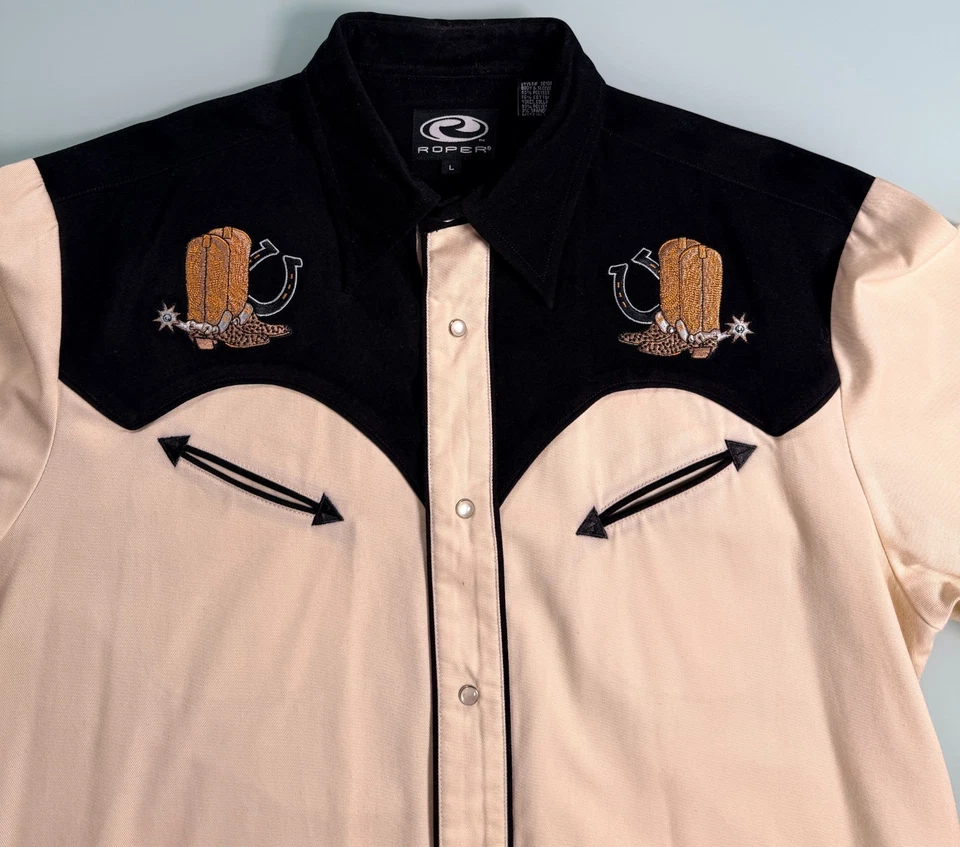 Roper Western Shirt Mens L Cream Body W/ Black Yoke Embroidered Pearl Snap  VTG - Image 2 of 4
