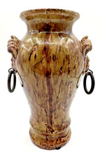 Lion Head 10" Planter Vase Urn Green & Brown Drip Ceramic Pottery Black Accents