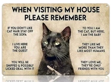 Funny Black Cat House Rules Metal Sign Vintage Wall Art Decor Cat Lover Gift