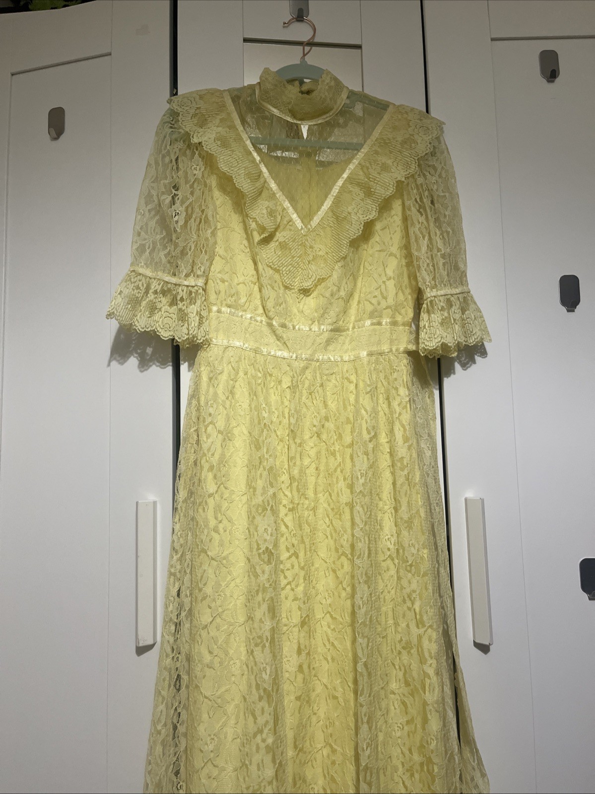 Vintage Yellow Lace Gown Dress Victorian Edwardian Style Size XS 1970s(?