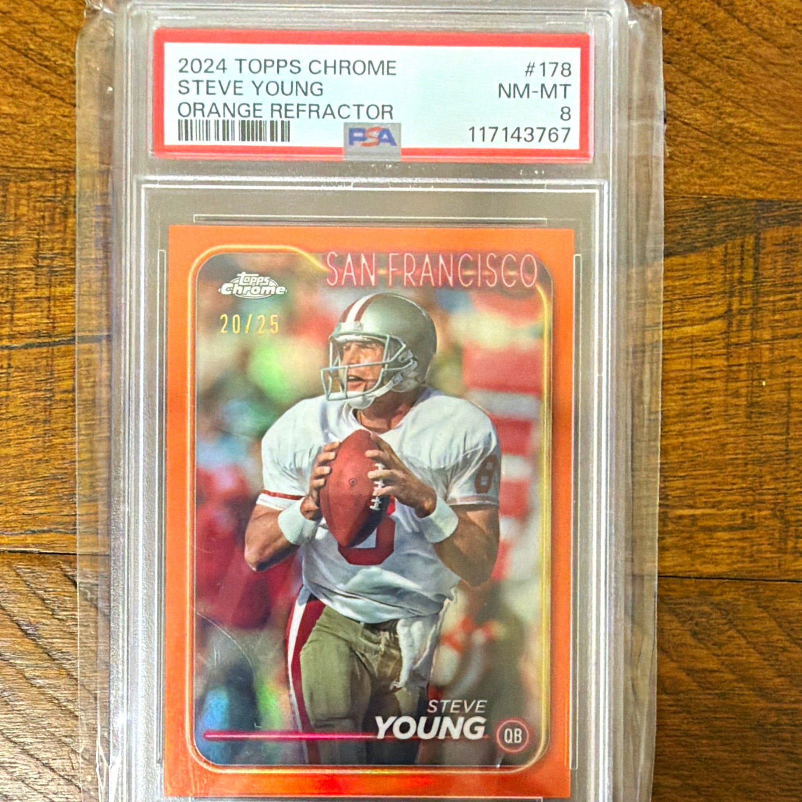 Topps 2024 Chrome Steve Young #178 49ers Orange Refractor /25 PSA 8