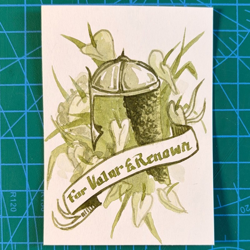 ACEO Original Watercolor Medieval Knight Helmet Banner Flowers 3.5x2.5"