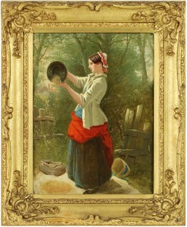 Girl Spilling Grain Antique Oil Painting Mid 19th Century British/French School