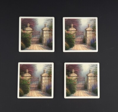 Thomas Kinkade The Open Gate set of 4 Ceramic Coasters with Cork Back 2003
