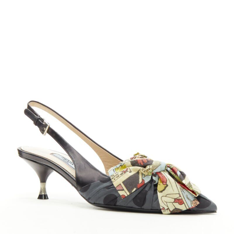 PRADA 2018 Comic print fabric wrap bow slingback kitten heel PRADA 2018 Comic print fabric wrap bow slingback kitten heel