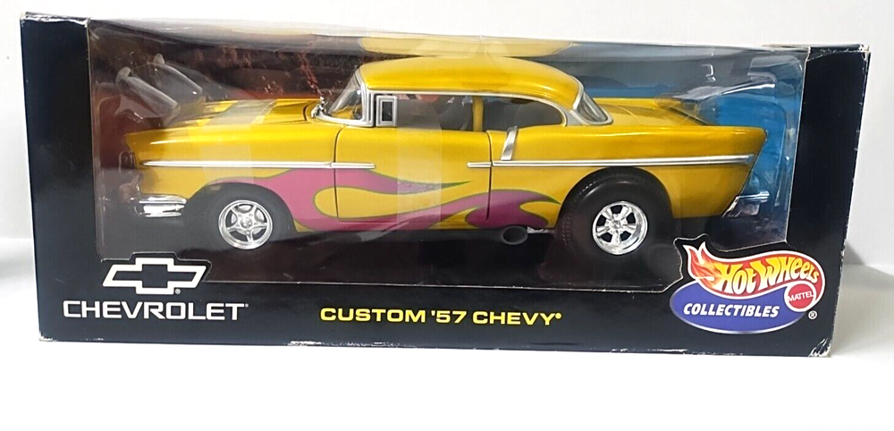 1957 Chevrolet Drag Gold With Flames 1/18 Diecast Car Model by Hotwheels