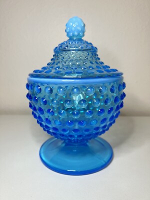フェントン オパールセント キャンデイディッシュ Fenton Blue Opalescent Hobnail Pedestal Candy Dish With Lid