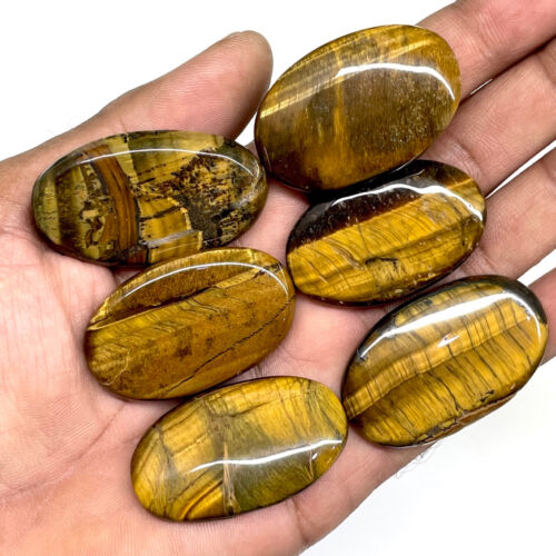 6 Pcs Natural Tiger Eye 40-44mm Oval Huge Cabochon Gemstones Wholesale Lot - Picture 7 of 17